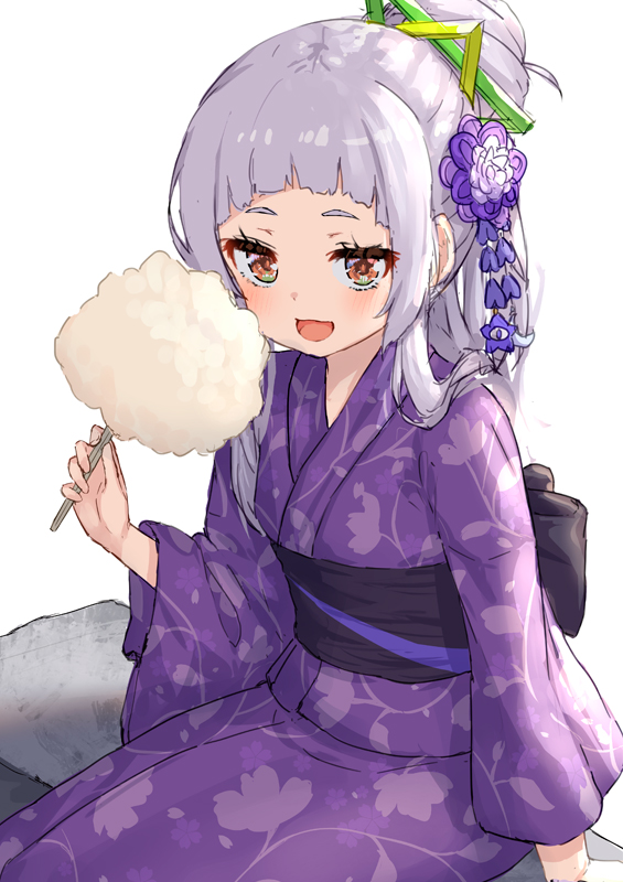 1girl :d back_bow bangs black_bow bow brown_eyes commentary_request cotton_candy floral_print flower food hair_bun hair_flower hair_ornament hand_up holding holding_food hololive japanese_clothes kimono long_hair long_sleeves looking_at_viewer murasaki_shion obi open_mouth pensuke ponytail print_kimono purple_flower purple_kimono sash silver_hair simple_background smile solo virtual_youtuber white_background wide_sleeves