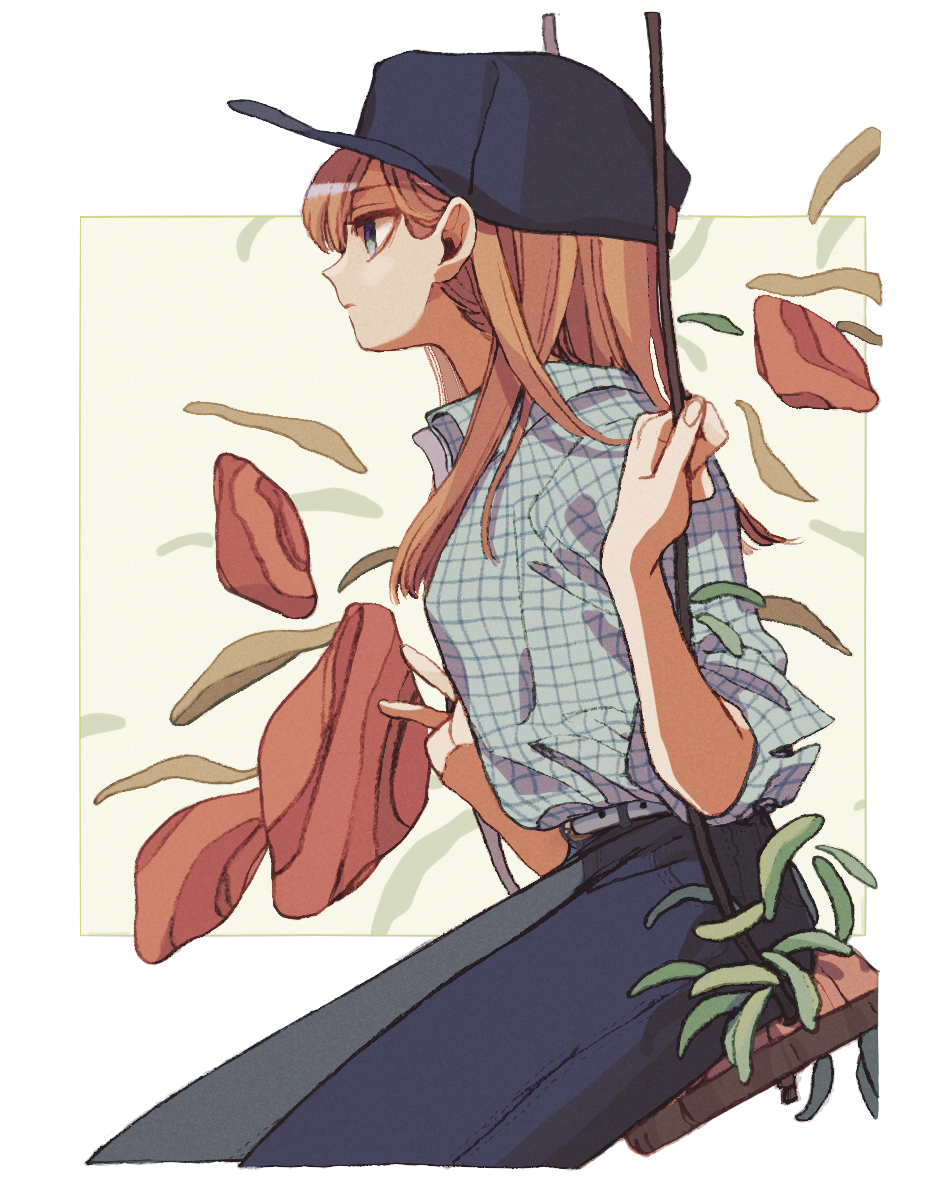 1girl blue_eyes blue_headwear blue_pants border brown_hair closed_mouth collared_shirt from_side green_eyes hat ka_(marukogedago) long_hair long_sleeves original pants profile shirt sitting solo swing white_border wing_collar