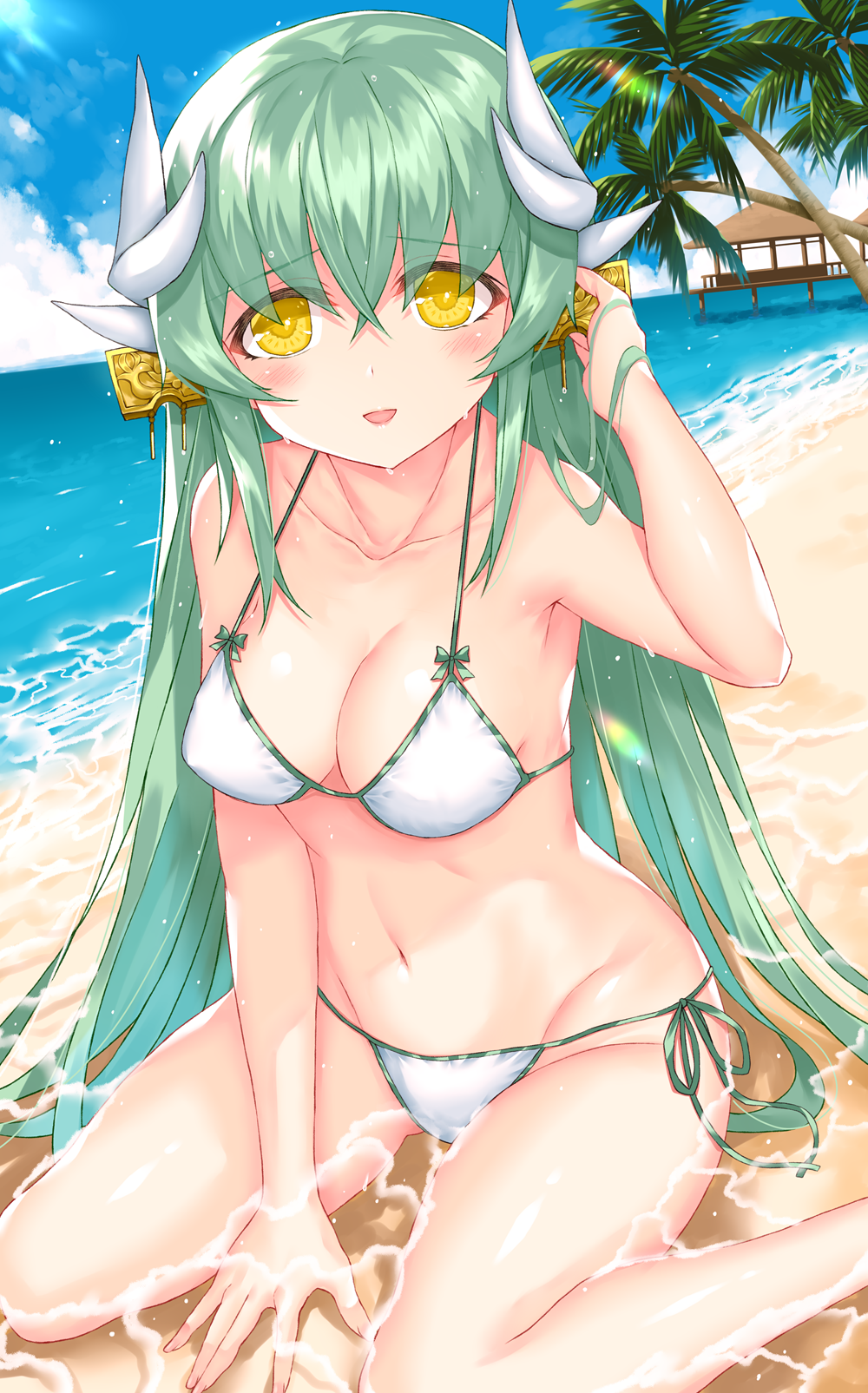 1girl beach bikini braid breasts dragon_girl dragon_horns fate/grand_order fate_(series) green_hair highres horns kiyohime_(fate/grand_order) long_hair looking_at_viewer medium_breasts morizono_shiki multiple_horns navel outdoors sitting smile solo swimsuit twin_braids wariza white_bikini yellow_eyes