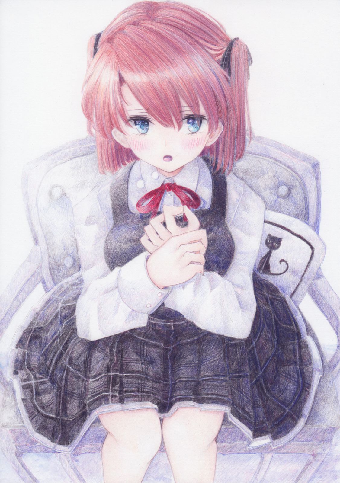 blue_eyes blush breasts chair colored_pencil_(medium) darkkanan dress eyes_visible_through_hair graphite_(medium) hair_ribbon highres large_breasts legs medium_hair original pinafore_dress plaid plaid_dress redhead ribbon short_twintails simple_background sitting traditional_media twintails