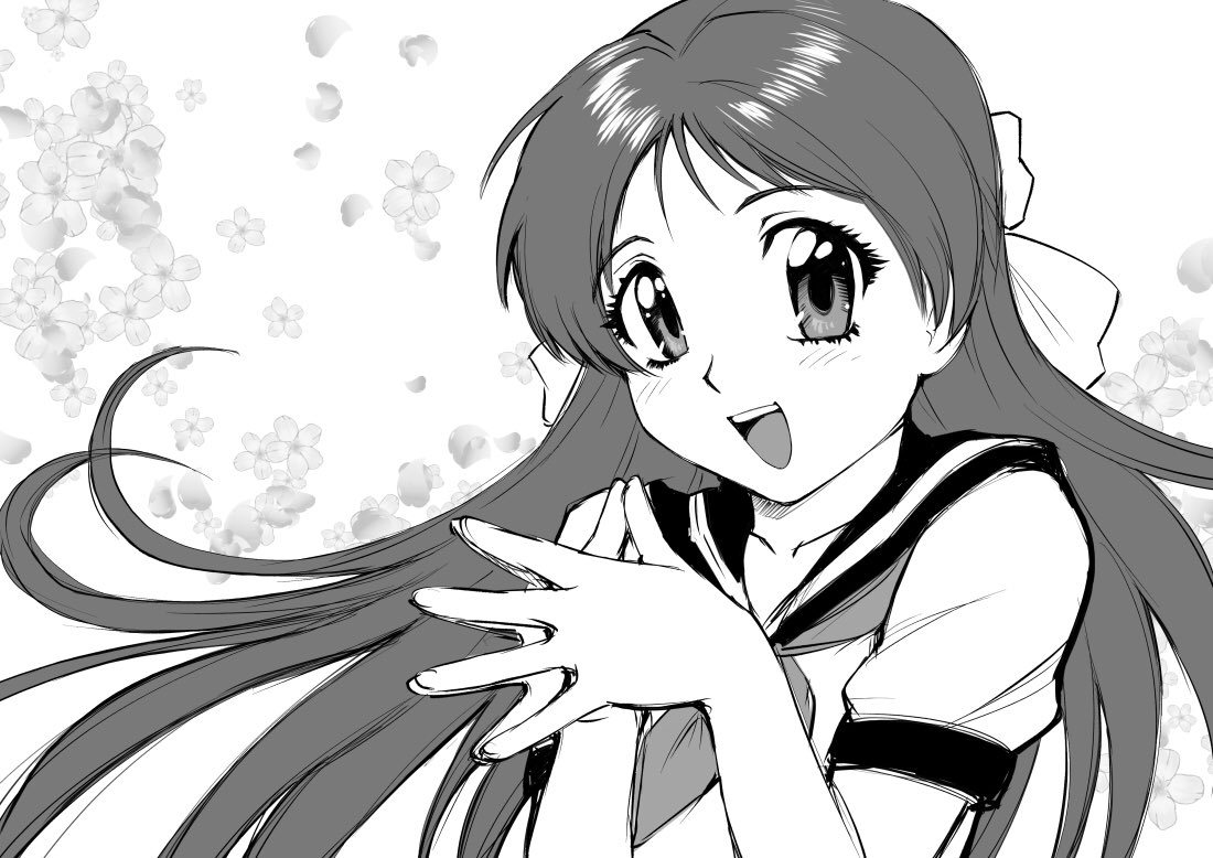 1girl character_request commentary_request greyscale long_hair looking_at_viewer monochrome open_mouth school_uniform smile solo ueyama_michirou