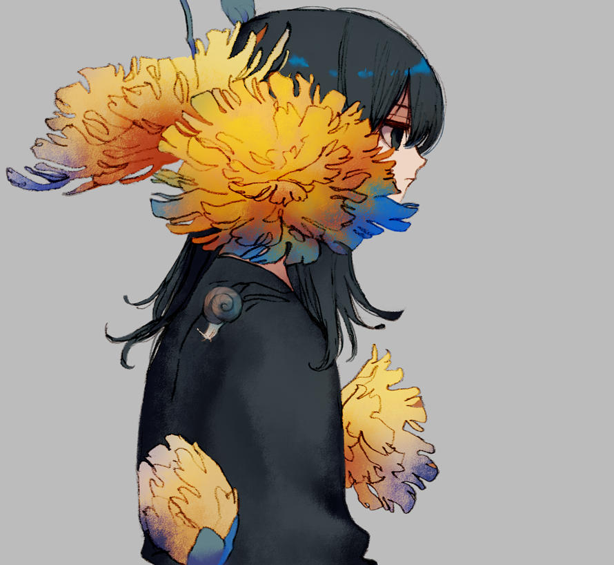 1girl black_eyes black_hair black_shirt closed_mouth flower grey_background ka_(marukogedago) long_hair original profile shiny shiny_hair shirt simple_background snail solo upper_body yellow_flower