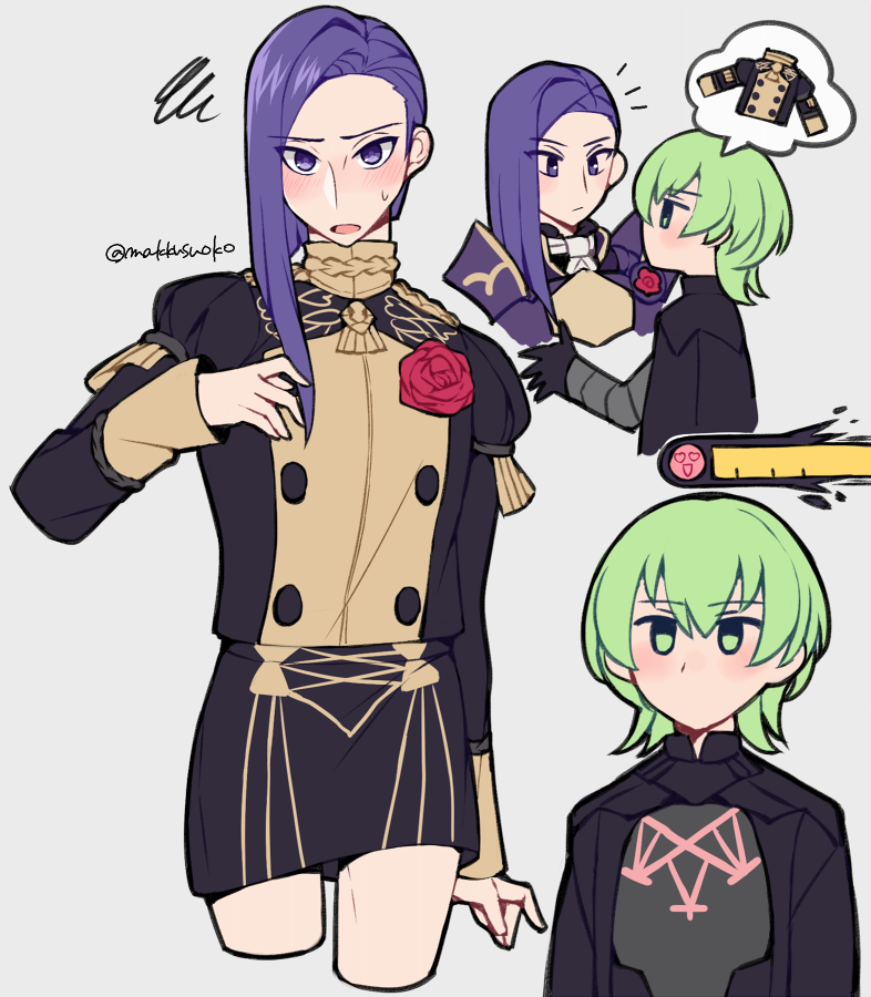 2boys armor blue_eyes blush boutonniere byleth_(fire_emblem) byleth_eisner_(male) crossdressinging do_m_kaeru expressionless fire_emblem fire_emblem:_three_houses flower garreg_mach_monastery_uniform green_eyes green_hair grey_background long_hair long_sleeves lorenz_hellman_gloucester male_focus multiple_boys no_mouth open_mouth purple_hair red_flower red_rose rose short_hair simple_background thighs violet_eyes yaoi