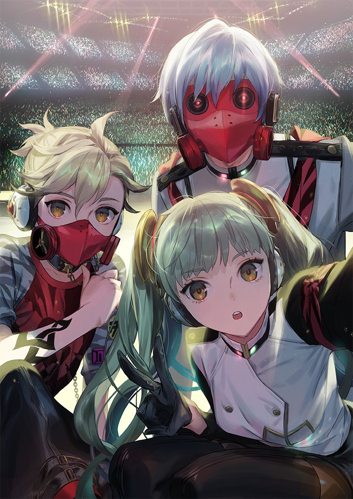 1girl 2boys :o agitation_(module) arm_tattoo armband audience bad_boy_(module) bangs black_footwear black_gloves black_pants blonde_hair blue_hair boots breasts collar covered_face covered_mouth crowd general_(module) glint gloves glowing glowing_eyes green_hair hair_ornament hatsune_miku headphones indoors kagamine_len kaito long_hair long_sleeves looking_at_viewer mask mouth_mask multiple_boys naoko_(naonocoto) outstretched_arm pants pointing pointing_at_self project_diva_(series) reaching_out red_eyes self_shot shirt short_sleeves small_breasts squatting stage stage_lights taking_picture tattoo thigh-highs thigh_boots thighhighs_under_boots thumbs_up twintails unhappy_refrain_(vocaloid) very_long_hair vocaloid white_shirt yellow_eyes