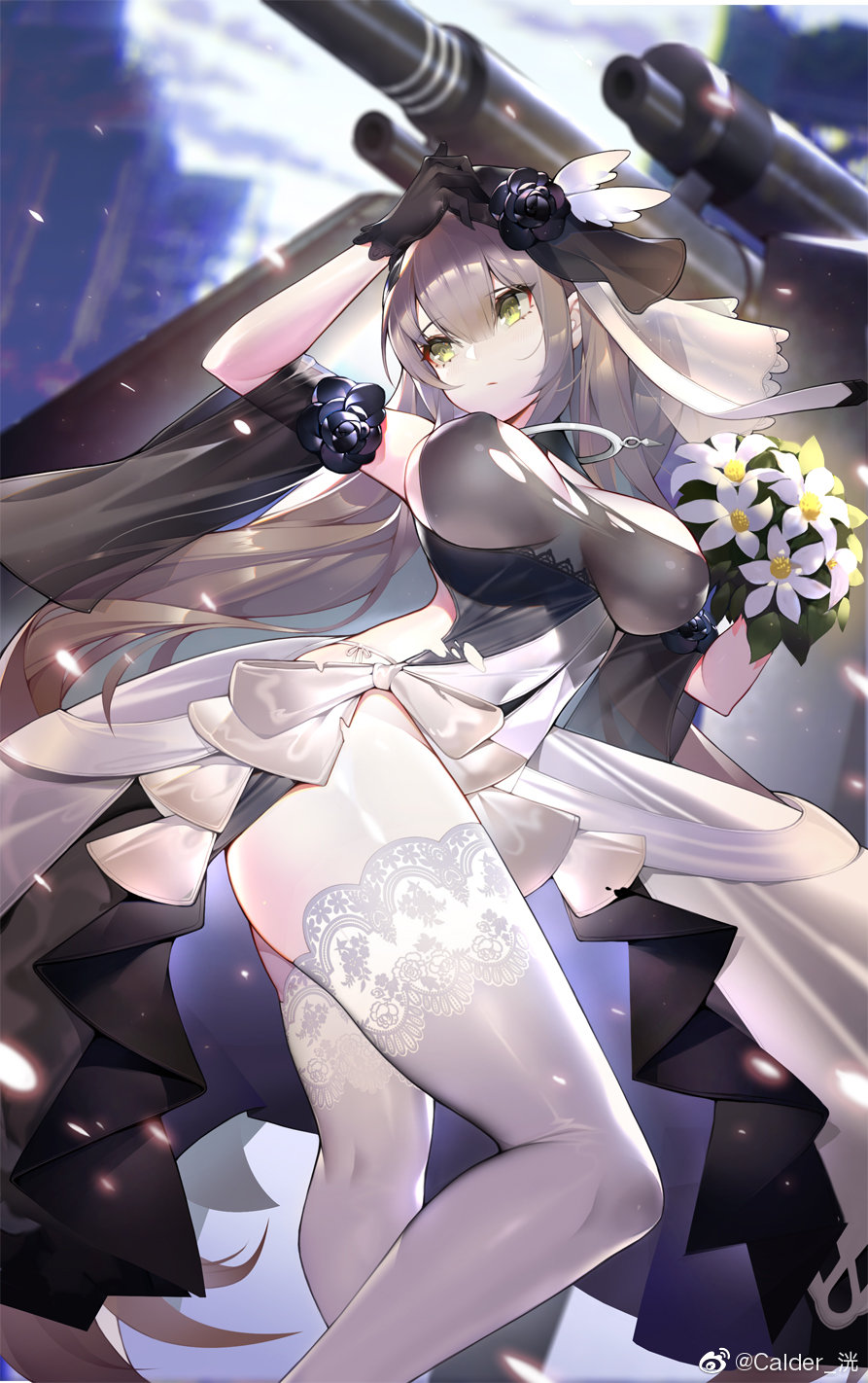 1girl 88_flak_(ash_arms) alternate_costume arm_up ash_arms black_gloves blurry blurry_background bouquet breasts calder contrapposto depth_of_field dress flower gloves hair_between_eyes highres lace lace-trimmed_legwear large_breasts light_brown_hair long_hair panties side-tie_panties side_slit solo thigh-highs torn_clothes torn_dress underbust underwear veil very_long_hair weibo_username white_legwear yellow_eyes