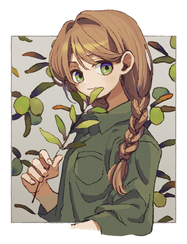 1girl border braid brown_hair closed_mouth fingernails freckles from_side green_eyes green_shirt hair_over_shoulder ka_(marukogedago) looking_at_viewer looking_to_the_side original shirt smile solo upper_body white_border