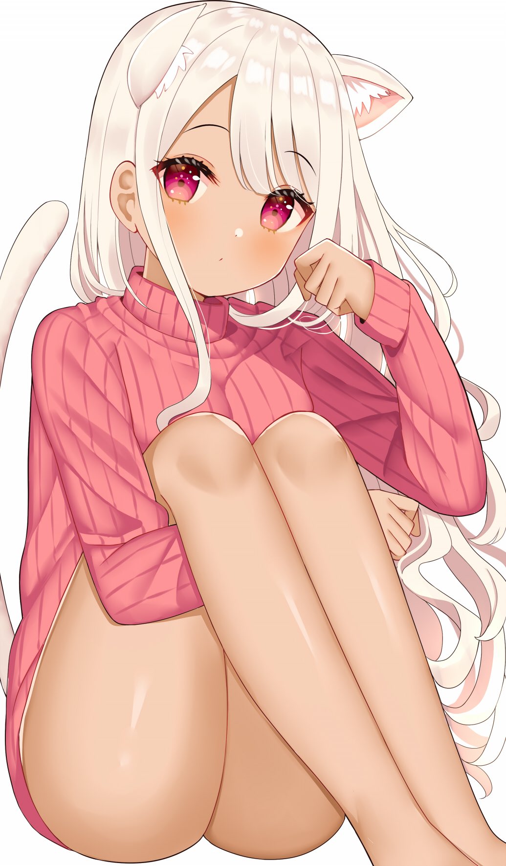 1girl animal_ear_fluff animal_ears bangs bare_legs blush cat_ears cat_girl cat_tail feet_out_of_frame hands_under_legs highres knees_up long_hair looking_at_viewer mizukoshi_(marumi) original paw_pose pink_eyes pink_sweater ribbed_sweater sidelocks sitting solo sweater tail white_hair