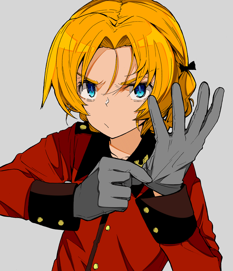 1girl adjusting_clothes adjusting_gloves aokaze_(mimi_no_uchi) bangs blonde_hair blue_eyes girls_und_panzer gloves grey_gloves hair_between_eyes hair_ribbon jacket long_sleeves military military_uniform orange_pekoe_(girls_und_panzer) red_jacket ribbon short_hair simple_background solo st._gloriana's_military_uniform uniform upper_body