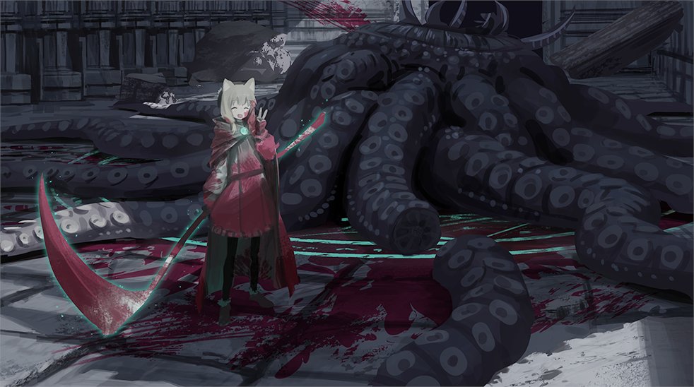 1girl :d animal_ears black_legwear blood bloody_clothes brown_footwear cape closed_eyes dress hand_up holding holding_scythe holding_weapon open_mouth original pantyhose red_cape red_dress ruins scythe shoes smile solo tentacles v wasabi60 weapon