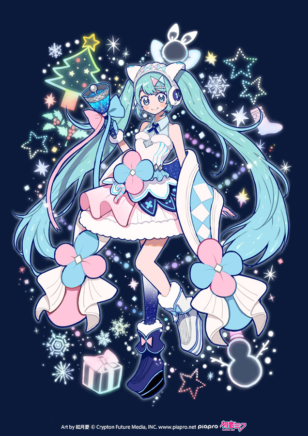 1girl aqua_eyes aqua_hair asymmetrical_legwear bare_shoulders bell blue_bow blue_footwear blue_legwear boots bow box christmas christmas_stocking commentary crypton_future_media detached_sleeves dress earmuffs full_body fur-trimmed_boots fur-trimmed_dress fur_trim gift gift_box hair_ornament hatsune_miku headphones headset holding holding_bell holly kisaragi_yuu_(fallen_sky) long_hair looking_at_viewer magical_mirai_(vocaloid) mismatched_footwear night night_sky official_art pink_bow rabbit rabbit_yukine ribbon scarf single_thighhigh sky sky_print smile snowflakes snowman solo star_(symbol) thigh-highs twintails very_long_hair vocaloid white_dress white_footwear wide_sleeves