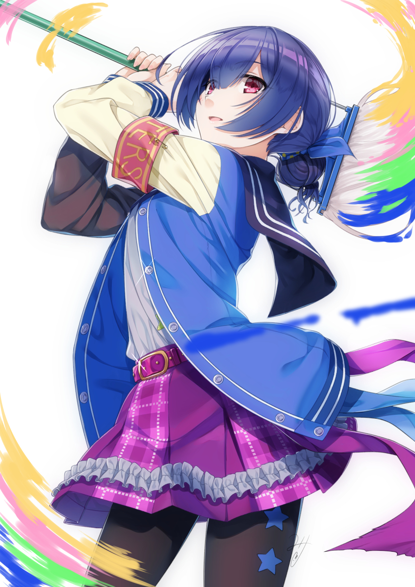 1girl armband arms_up bangs belt belt_buckle black_legwear blue_hair blue_jacket blue_ribbon buckle commentary_request eyebrows_visible_through_hair frilled_skirt frills grey_shirt hair_between_eyes hair_bun hair_ribbon holding idolmaster idolmaster_shiny_colors jacket letterman_jacket long_sleeves miri_(ago550421) morino_rinze open_clothes open_jacket pantyhose parted_lips plaid plaid_skirt purple_belt purple_skirt red_eyes ribbon safety_pin shirt simple_background skirt solo star_(symbol) white_background