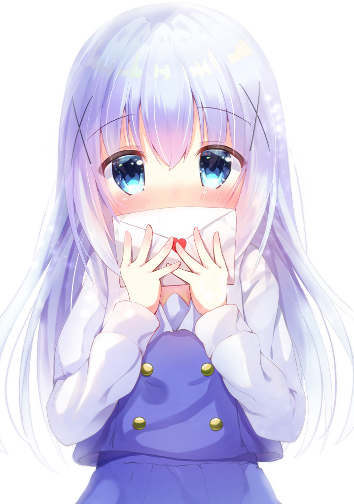 1girl bangs blue_dress blue_eyes blue_hair blue_skirt blush covering_mouth double-breasted dress eyebrows_visible_through_hair gochuumon_wa_usagi_desu_ka? hair_ornament heart holding holding_letter kafuu_chino kafuu_chino's_school_uniform kotoriifu letter long_hair looking_at_viewer sailor_collar sailor_dress school_uniform shirt simple_background skirt solo standing upper_body white_background white_sailor_collar white_shirt x_hair_ornament