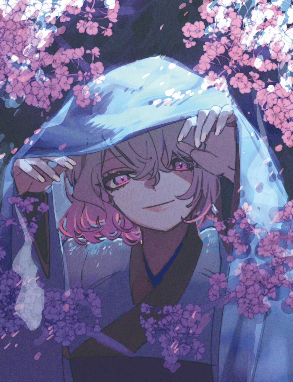 1girl cherry_blossoms flower highres japanese_clothes kimono long_sleeves looking_at_viewer petals pink_eyes pink_hair pink_theme saigyouji_yuyuko short_hair smile takushiima touhou tree_branch wavy_hair wide_sleeves