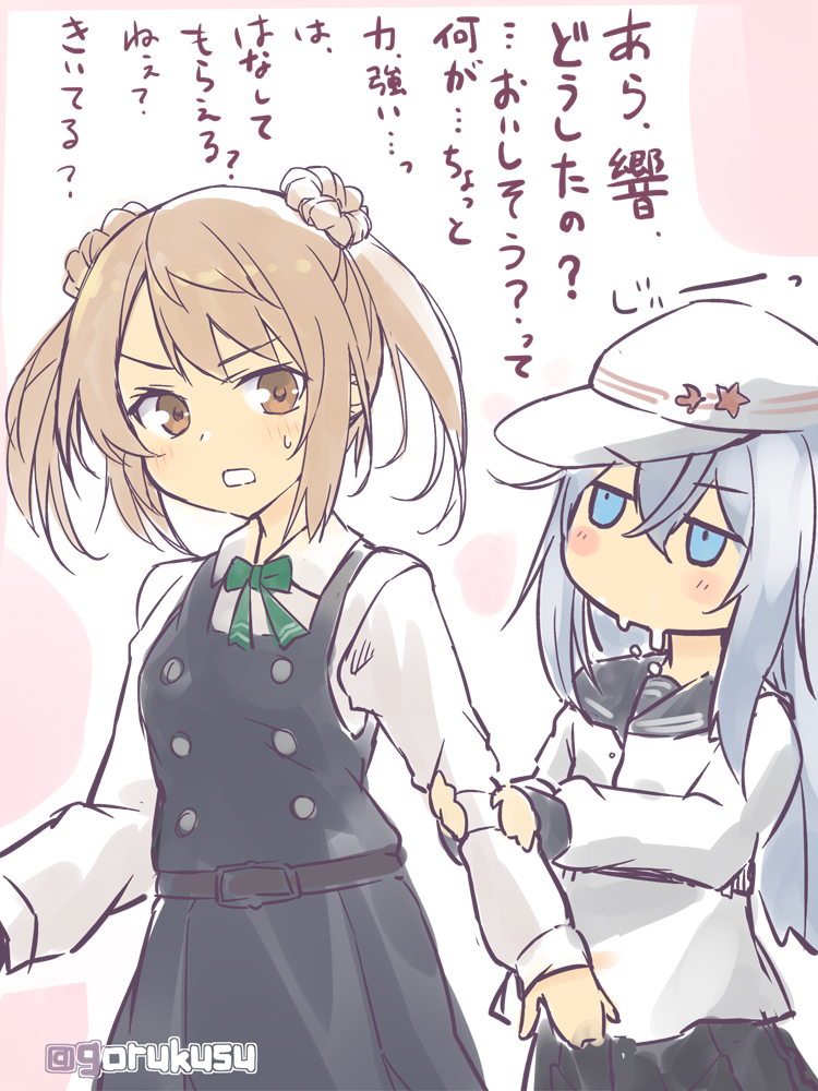 blush cheese_(cheese_koubou) double_bun flat_cap hair_between_eyes hat hibiki_(kantai_collection) kantai_collection long_hair long_sleeves michishio_(kantai_collection) multiple_girls open_mouth school_uniform serafuku shirt skirt star_(symbol) translation_request twintails verniy_(kantai_collection)