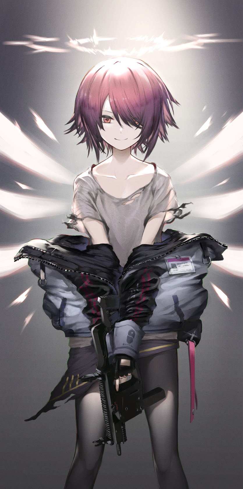 1girl aizawa_masaya arknights bangs black_gloves black_legwear closed_mouth clothes_down collarbone exusiai_(arknights) feet_out_of_frame fingerless_gloves flat_chest gloves grey_background grey_jacket grey_shirt gun hair_over_one_eye halo highres holding holding_gun holding_weapon jacket long_sleeves looking_at_viewer open_clothes open_jacket orange_eyes pantyhose redhead shirt short_hair short_sleeves smile solo standing t-shirt torn_clothes torn_shirt v_arms weapon wings