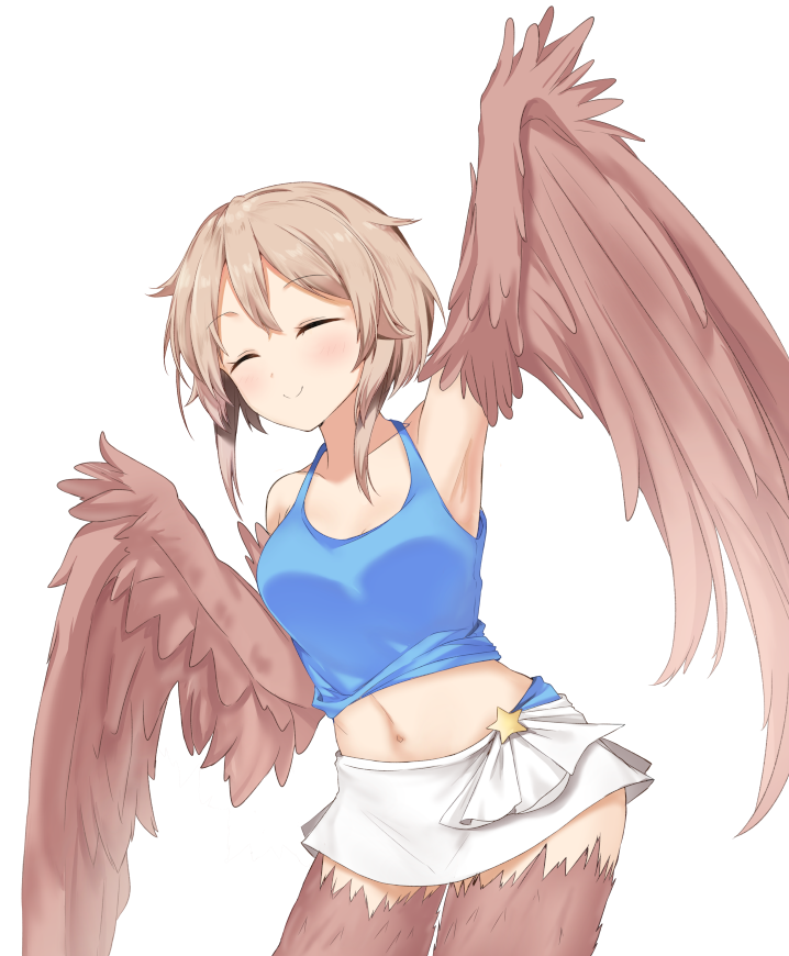 1girl ^_^ arm_up armpits blue_tank_top breasts closed_eyes closed_mouth dinosaurus_(azimangasaurus) english_commentary existence eyebrows_visible_through_hair facing_viewer feathered_wings game_cg hair_between_eyes harpy kari_(existence) light_brown_hair medium_breasts midriff monster_girl navel skirt smile solo standing tank_top transparent_background white_skirt wings