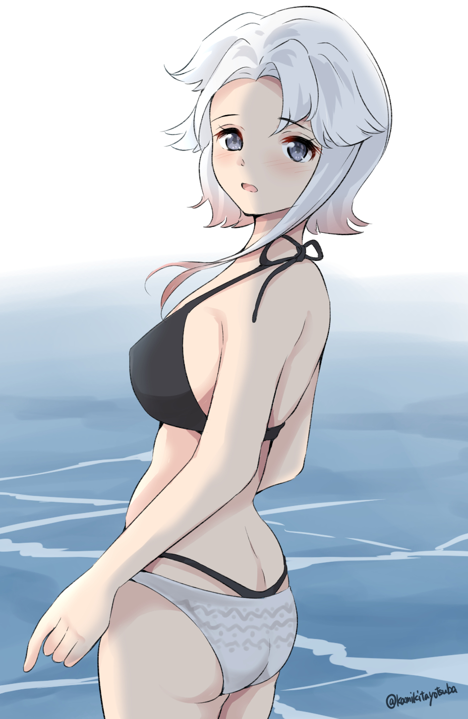 1girl akishimo_(kantai_collection) ass asymmetrical_hair bikini breasts brown_hair cowboy_shot frills gradient_hair highres kamikitayotsuba kantai_collection layered_bikini looking_at_viewer medium_breasts mismatched_bikini multicolored_hair short_hair short_hair_with_long_locks silver_hair simple_background solo standing swimsuit twitter_username water white_background