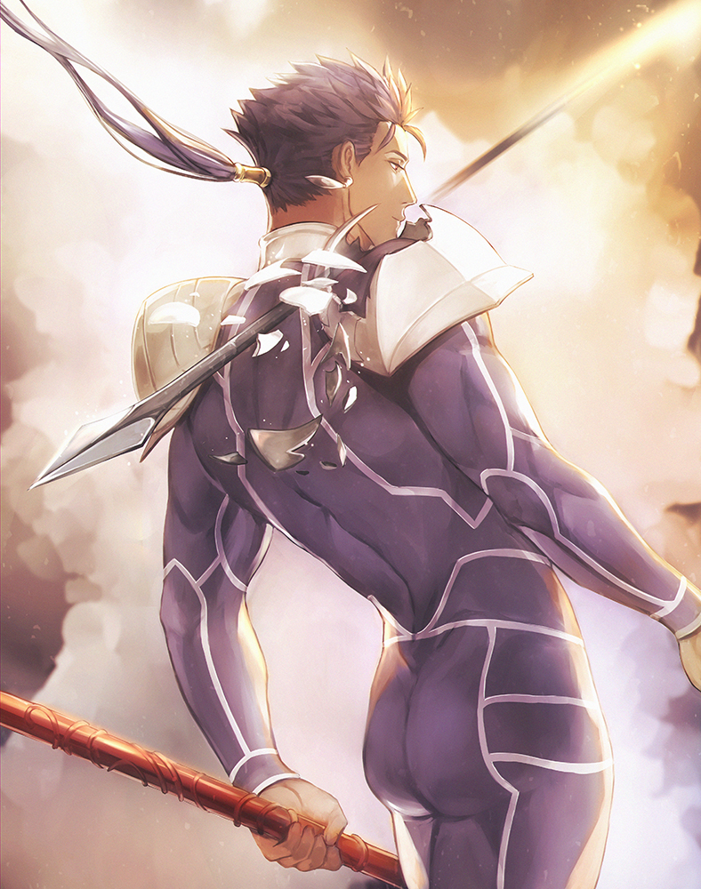 1boy armor arrow_(projectile) blue_bodysuit blue_hair bodysuit brown_background closed_mouth cowboy_shot cu_chulainn_(fate)_(all) english_commentary expressionless fate/stay_night fate_(series) from_side gae_bolg gravesecrets hair_strand holding holding_spear holding_weapon lancer long_hair low_ponytail male_focus polearm ponytail profile red_eyes shoulder_armor solo spear standing weapon