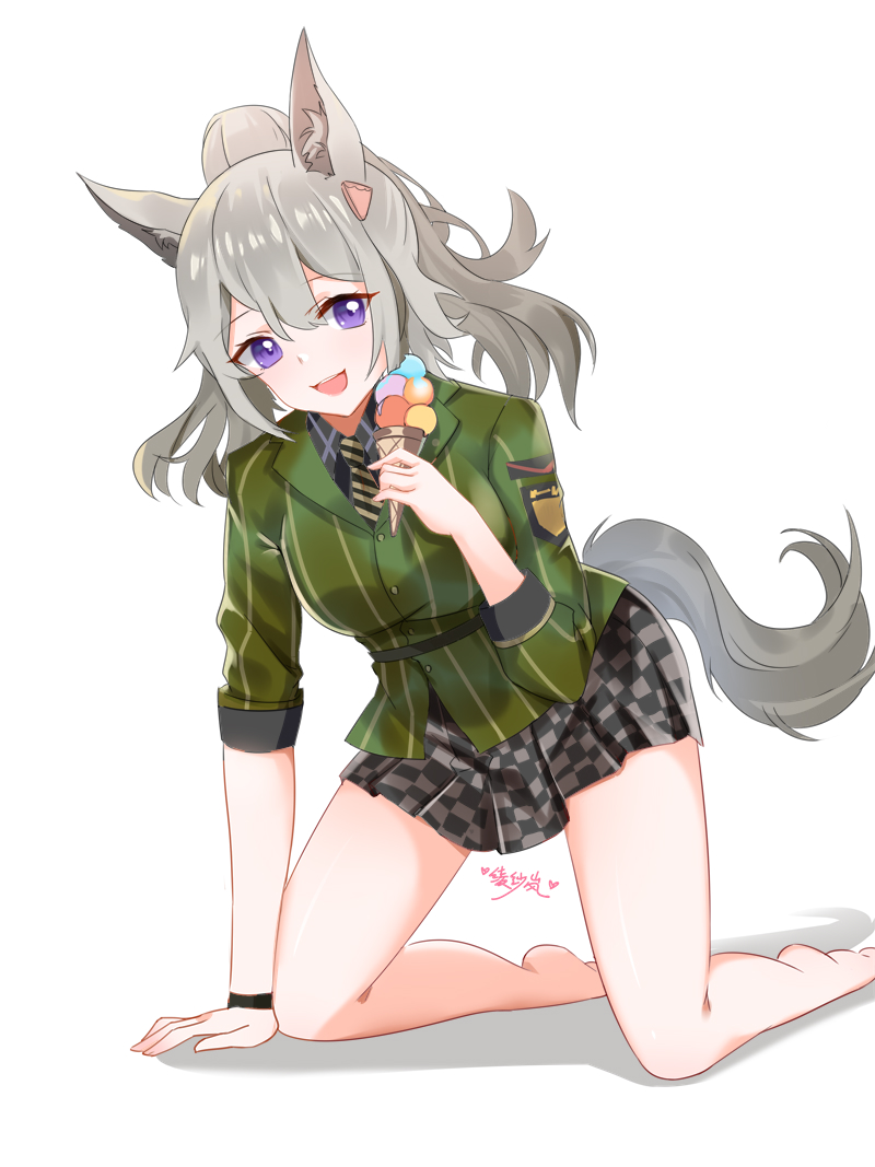 1girl :d alternate_costume animal_ear_fluff animal_ears arknights arm_support bangs bare_legs barefoot checkered checkered_skirt chinese_commentary commentary_request eyebrows_visible_through_hair food grani_(arknights) green_shirt grey_skirt hair_between_eyes hair_ornament holding holding_food ice_cream ice_cream_cone kneeling lanelise long_hair looking_at_viewer miniskirt open_mouth shadow shirt silver_hair skirt smile solo tail thighs violet_eyes