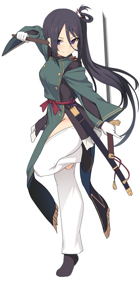 1girl baton black_hair closed_mouth double-breasted dual_wielding full_body gloves holding holding_sword holding_weapon long_hair long_sleeves looking_at_viewer open_pants pants pelvic_curtain reverse_grip shichiseiken_(tenka_hyakken) shiseki_hirame shoes side_ponytail simple_background smile solo standing standing_on_one_leg sword tenka_hyakken violet_eyes weapon white_background white_gloves white_pants