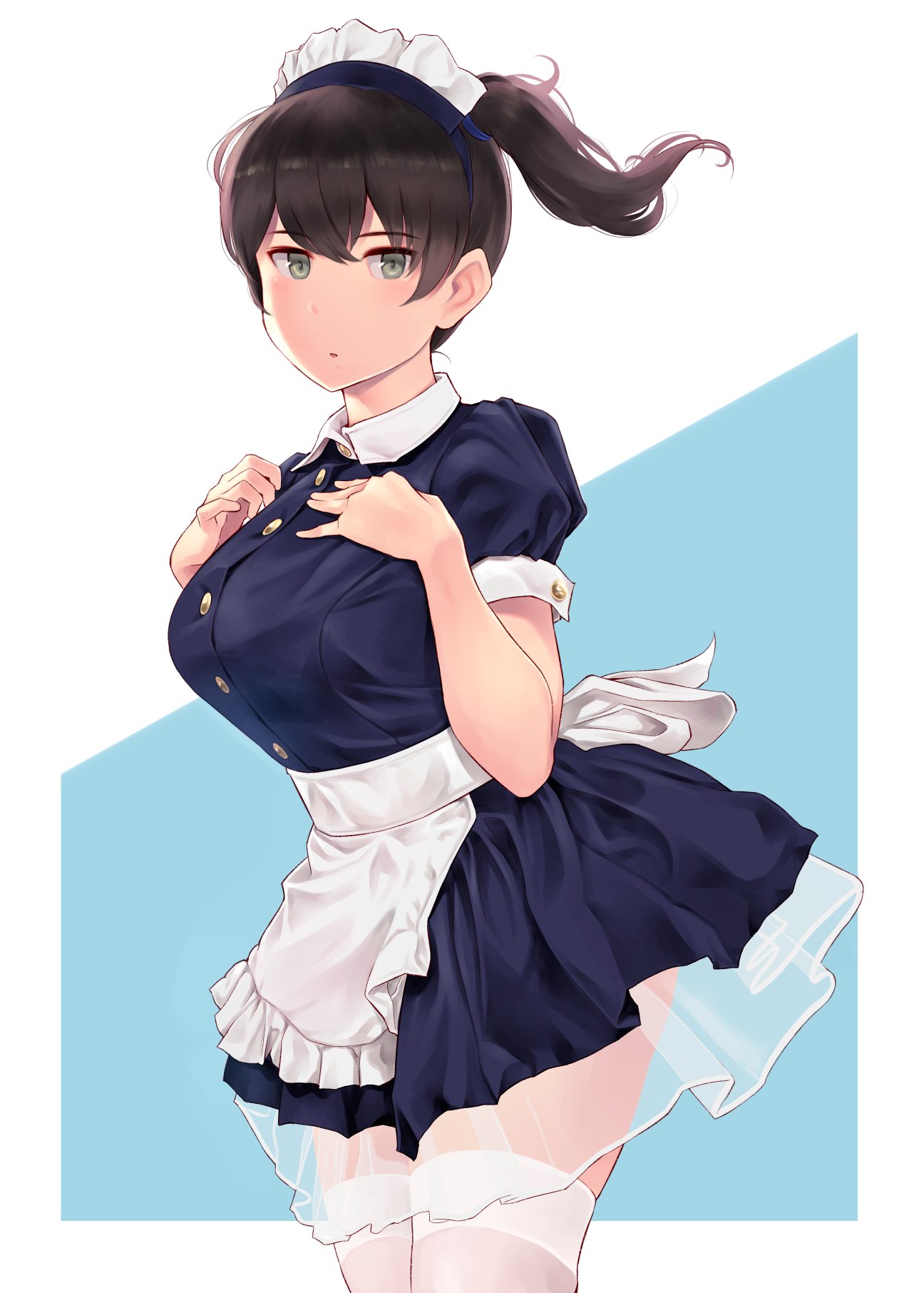 1girl apron bangs blue_dress blush breasts brown_eyes brown_hair buttons dress hands_on_own_chest highres kaga_(kantai_collection) kantai_collection large_breasts long_hair looking_at_viewer maid_headdress open_mouth puffy_short_sleeves puffy_sleeves short_sleeves side_ponytail thigh-highs thighs wa_(genryusui) waist_apron white_apron white_legwear