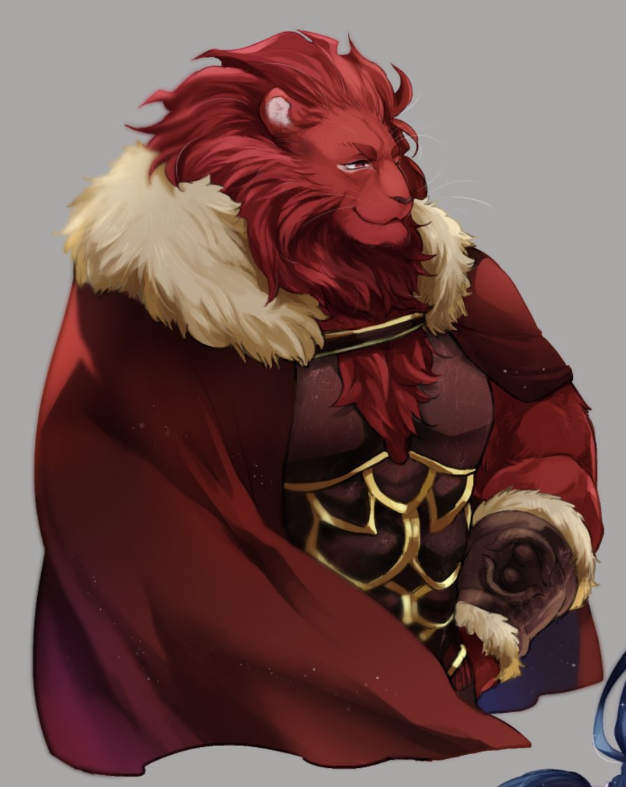 1boy animal_ears armor beard bracer brown_armor cape cleavage_cutout clothing_cutout cropped_torso facial_hair fate/grand_order fate/zero fate_(series) fenman fur_trim furrification furry hand_on_hip iskandar_(fate) lion_boy lion_hair long_hair male_focus red_cape red_eyes red_fur redhead smile solo