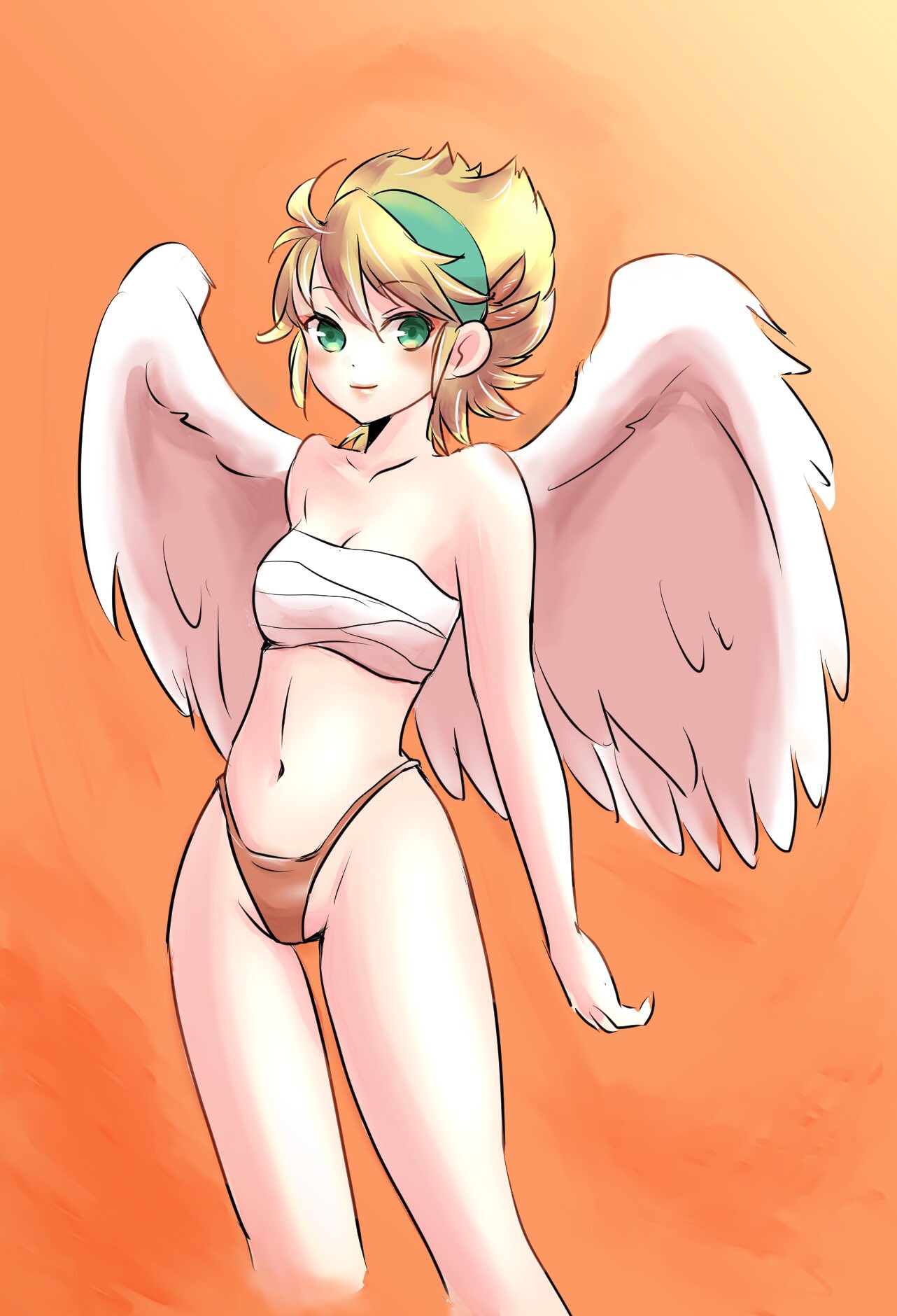 1girl angel_wings blonde_hair breasts breath_of_fire breath_of_fire_i closed_mouth green_eyes groin hairband highres looking_at_viewer navel nina_(breath_of_fire_i) panties red_panties sarashi short_hair simple_background smile solo underwear white_wings wings