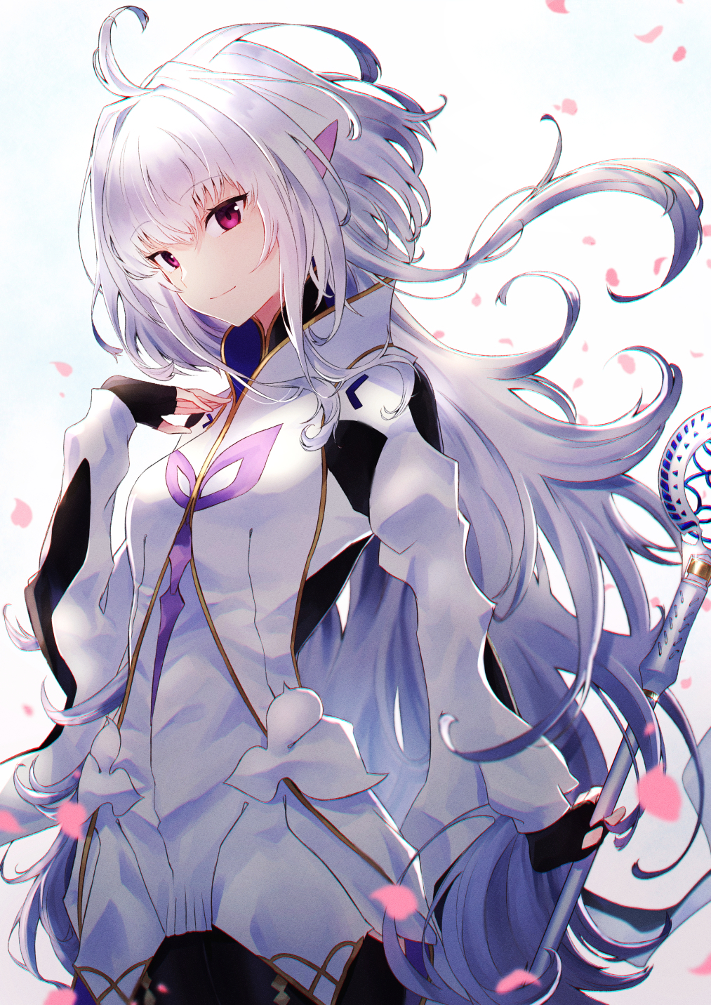 1girl ahoge bangs black_gloves black_pants breasts fate/grand_order fate/prototype fate_(series) fingerless_gloves gloves highres holding holding_staff itsumi_mita long_hair long_sleeves looking_at_viewer medium_breasts merlin_(fate/prototype) pants smile staff thighs very_long_hair violet_eyes white_hair white_robe wide_sleeves