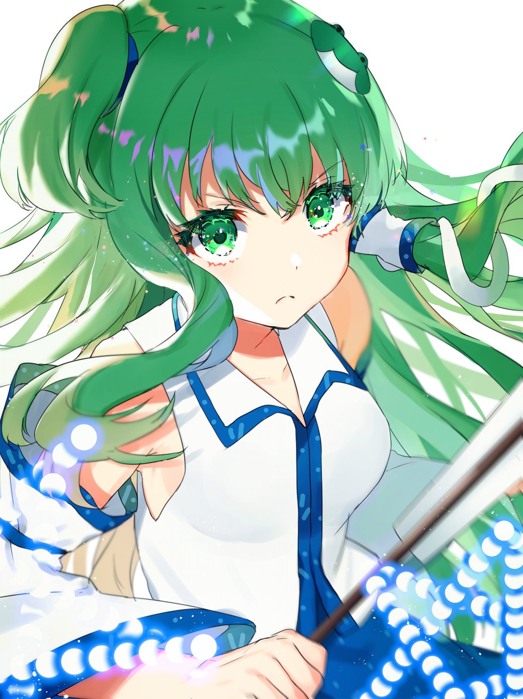 1girl blue_skirt breasts commentary danmaku detached_sleeves frog_hair_ornament frown gohei green_eyes green_hair hair_ornament hair_tubes highres holding kochiya_sanae long_hair long_sleeves looking_at_viewer mearii_(mrb00219) shirt short_ponytail side_ponytail skirt snake_hair_ornament solo star_(symbol) touhou upper_body white_background white_shirt
