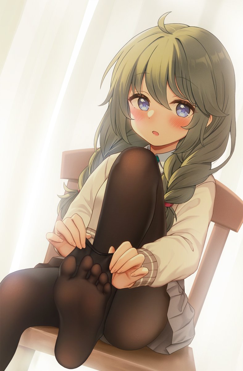 1girl :o adjusting_clothes adjusting_legwear ahoge bangs black_legwear blue_eyes blush braid brown_hair chair collared_shirt commentary eyebrows_visible_through_hair fukuro_ko_(greentea) hair_between_eyes highres long_hair looking_at_viewer no_shoes pantyhose pantyhose_pull pleated_skirt princess_connect! princess_connect!_re:dive school_uniform shirt sidelocks sitting skirt solo sweater tied_hair twin_braids white_shirt yuni_(princess_connect!)