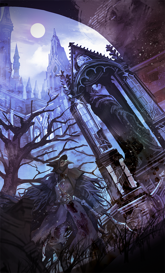1girl architecture bare_tree belt black_cloak black_coat black_footwear black_headwear black_pants blood bloodborne bloody_clothes boots building cloak coat commentary_request eileen_the_crow full_body full_moon gothic_architecture gun handgun hat holding holding_sword holding_weapon holstered_weapon jewelry long_coat looking_away looking_up mask moon night outdoors pants pendant pistol plague_doctor_mask saida_(saida1000) short_sword solo spire standing statue sword tower tree weapon