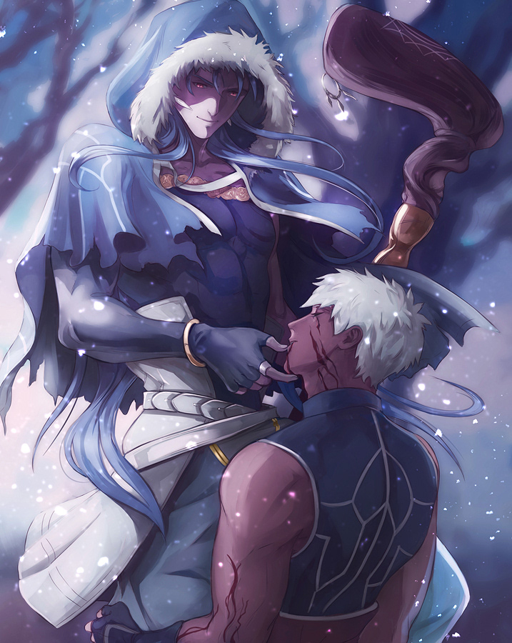 2boys archer_alter black_gloves black_shirt blue_capelet blue_hair bracelet capelet closed_eyes cu_chulainn_(fate)_(all) cu_chulainn_(fate/grand_order) earrings english_commentary facial_mark fate/grand_order fate_(series) fingerless_gloves gloves gravesecrets hood jewelry long_hair looking_at_another male_focus multiple_boys red_eyes shirt sleeveless sleeveless_shirt smile staff tan white_hair