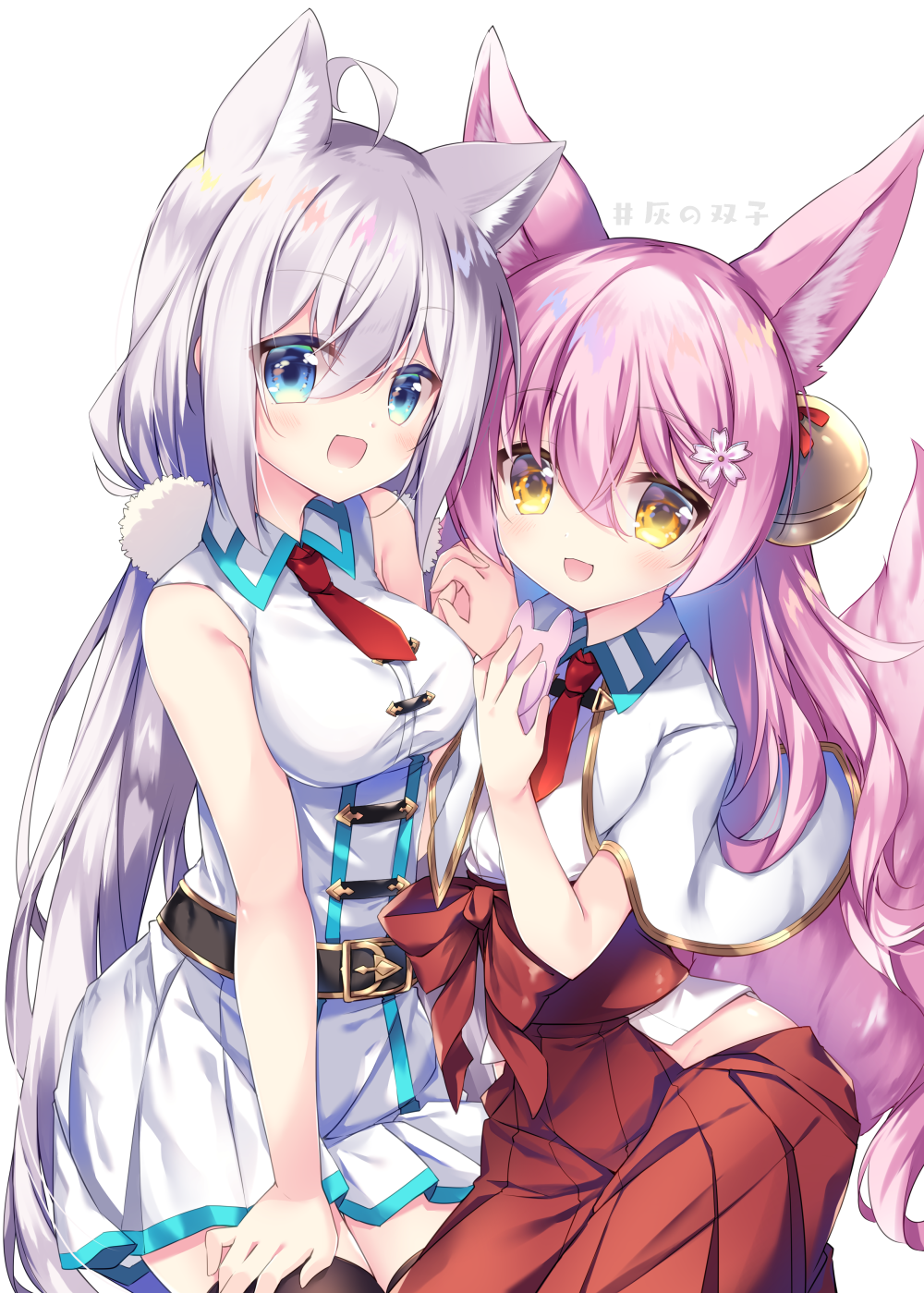 2girls animal_ears bangs bare_legs bell belt blue_eyes blush breasts capelet cat_ears commentary_request eyebrows_visible_through_hair flower fox_ears fox_girl fox_tail hair_bell hair_between_eyes hair_flower hair_ornament hakama highres hip_vent holding_hands japanese_clothes long_hair looking_at_viewer medium_breasts multiple_girls nanamomo_rio necktie open_mouth original pink_hair pleated_skirt red_hakama red_neckwear shiny shiny_hair shirt sidelocks silver_hair simple_background skirt sleeveless sleeveless_shirt tail white_background white_capelet white_shirt white_skirt yellow_eyes