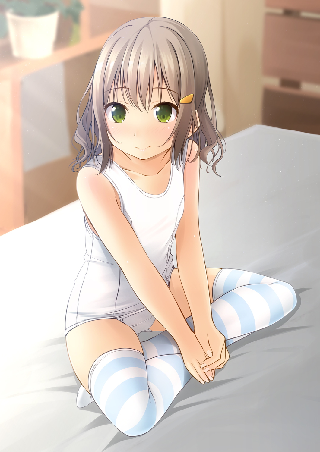 bed bedroom bob_cut brown_hair crossed_legs flat_chest green_eyes highres indoors looking_at_viewer medium_hair old_school_swimsuit on_bed original school_swimsuit shibacha sitting sitting_on_bed smile striped striped_legwear swimsuit thigh-highs thighs white_swimsuit