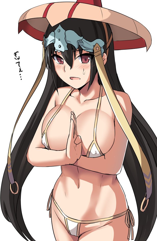 1girl bikini black_hair blush breast_squeeze breasts cowboy_shot crossed_arms fate/grand_order fate_(series) hair_between_eyes hat large_breasts long_hair looking_at_viewer open_mouth red_eyes shiseki_hirame side-tie_bikini simple_background solo standing sweatdrop swimsuit translation_request very_long_hair white_background white_bikini xuanzang_(fate/grand_order)
