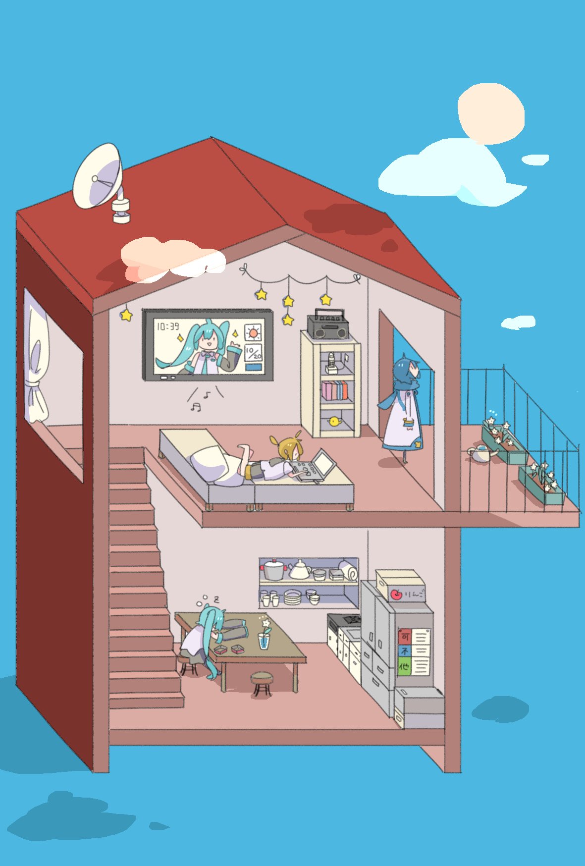 1girl 2boys 39 aqua_hair balcony beamed_eighth_notes black_shorts blonde_hair blue_hair blue_scarf blue_sky box cabinet clouds coat commentary computer curtains dish eighth_note flat_screen_tv hatsune_miku highres house indoors kagamine_len kaito kamada_(yamadarou) kitchen laptop leg_up long_hair looking_up lying multiple_boys musical_note on_stomach pillow plant pot potted_plant radio satellite_dish scarf scenery shelf shirt short_ponytail short_sleeves shorts skirt sky stairs standing star_(symbol) stove sun table television twintails very_long_hair vocaloid watering_can white_coat white_shirt zzz