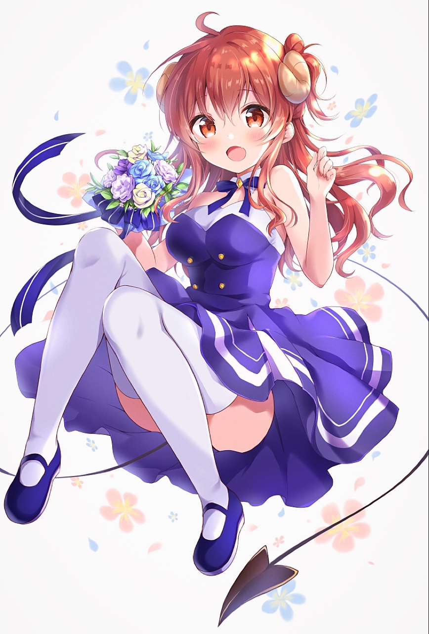 1girl :d amedamacon bare_arms bare_shoulders blue_dress blue_flower blue_footwear blue_rose bouquet breasts commentary_request curled_horns demon_girl demon_horns demon_tail dress flower full_body hands_up highres holding holding_bouquet horns knees_up long_hair looking_at_viewer machikado_mazoku medium_breasts open_mouth purple_flower purple_rose red_eyes redhead rose shoes smile solo strapless strapless_dress tail thigh-highs very_long_hair white_flower white_legwear white_rose yoshida_yuuko_(machikado_mazoku)