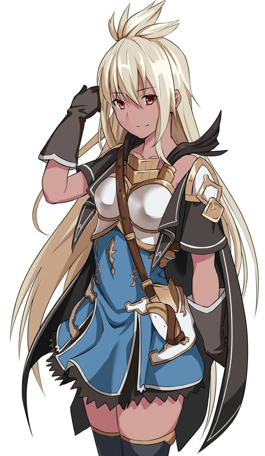 1girl black_gloves black_legwear blonde_hair blue_skirt boobplate breastplate brown_eyes closed_mouth cowboy_shot gloves granblue_fantasy hand_up high-waist_skirt long_hair looking_at_viewer shiseki_hirame simple_background skirt smile solo standing thigh-highs very_long_hair white_background zooey_(granblue_fantasy)