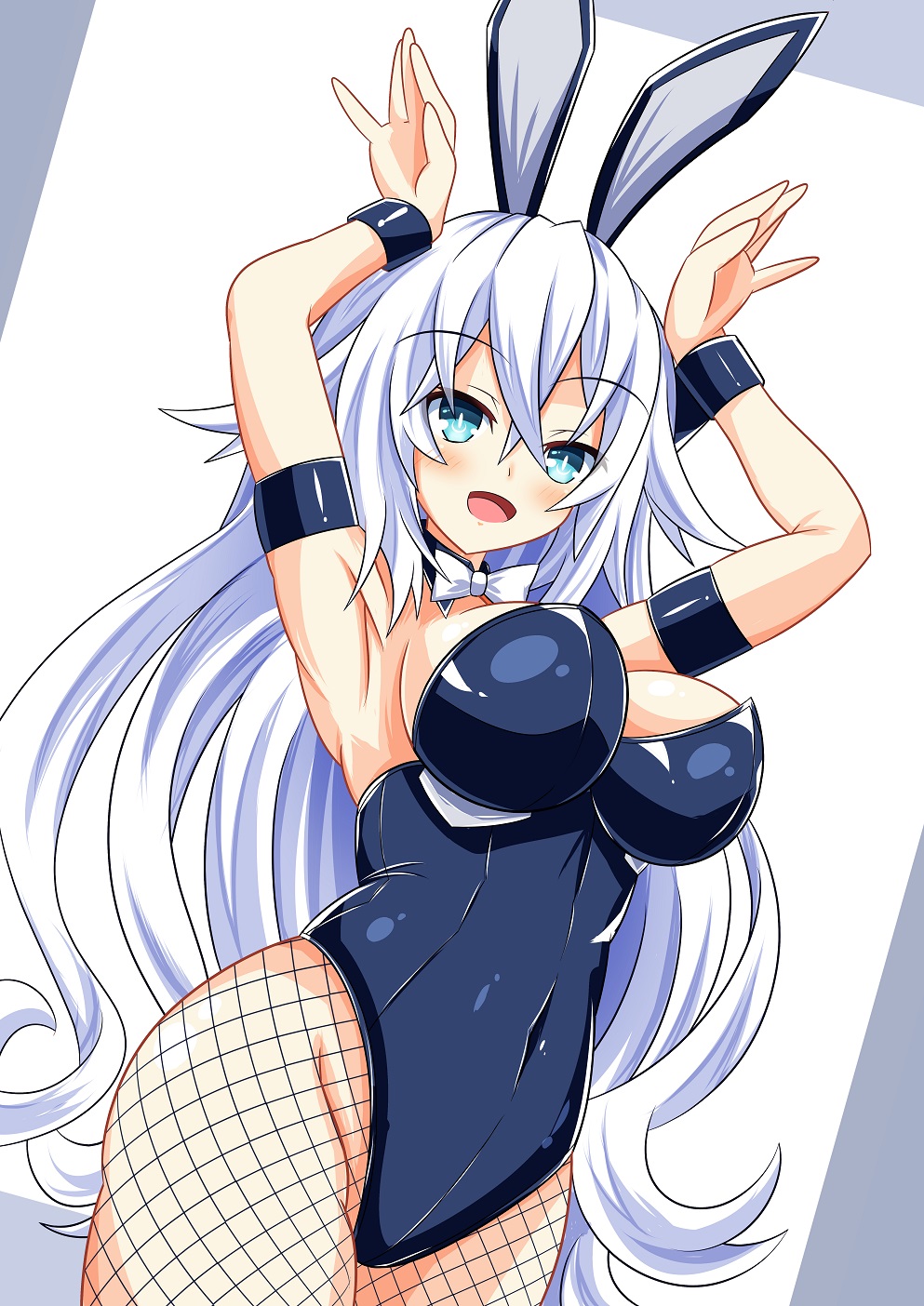 1girl animal_ears aqua_eyes armpits arms_up black_heart blue_leotard blush bow bowtie breasts bunny_girl bunnysuit commentary_request covered_navel detached_collar eyebrows_visible_through_hair fake_animal_ears fishnet_legwear fishnets hair_between_eyes highres kyou large_breasts leotard long_hair looking_at_viewer neptune_(series) open_mouth pantyhose rabbit_ears smile solo standing strapless strapless_leotard very_long_hair white_hair white_neckwear wrist_cuffs