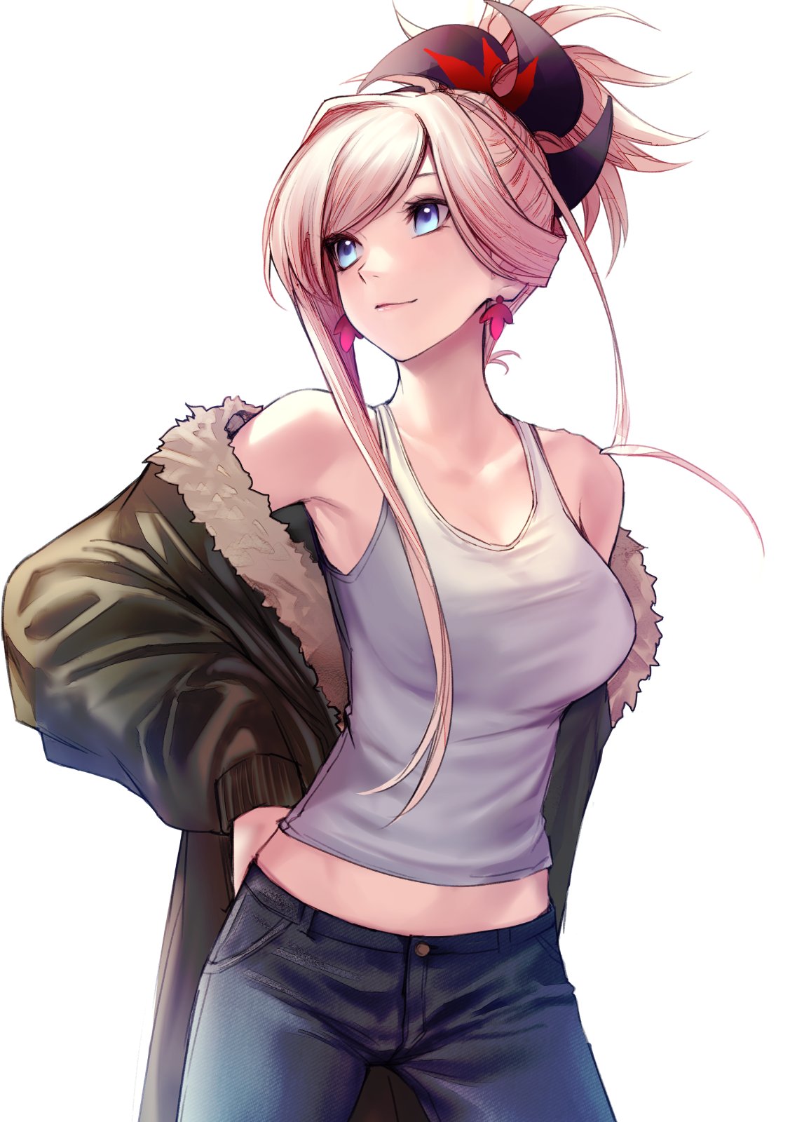 1girl applekun arm_behind_back asymmetrical_hair bare_shoulders blue_eyes blue_pants breasts brown_jacket closed_mouth collarbone cowboy_shot crop_top denim earrings fate/grand_order fate_(series) hair_ornament hand_on_hip highres jacket jeans jewelry large_breasts leather leather_jacket looking_to_the_side midriff miyamoto_musashi_(fate/grand_order) pants pink_hair ponytail shirt simple_background solo standing tank_top tied_hair white_background white_shirt