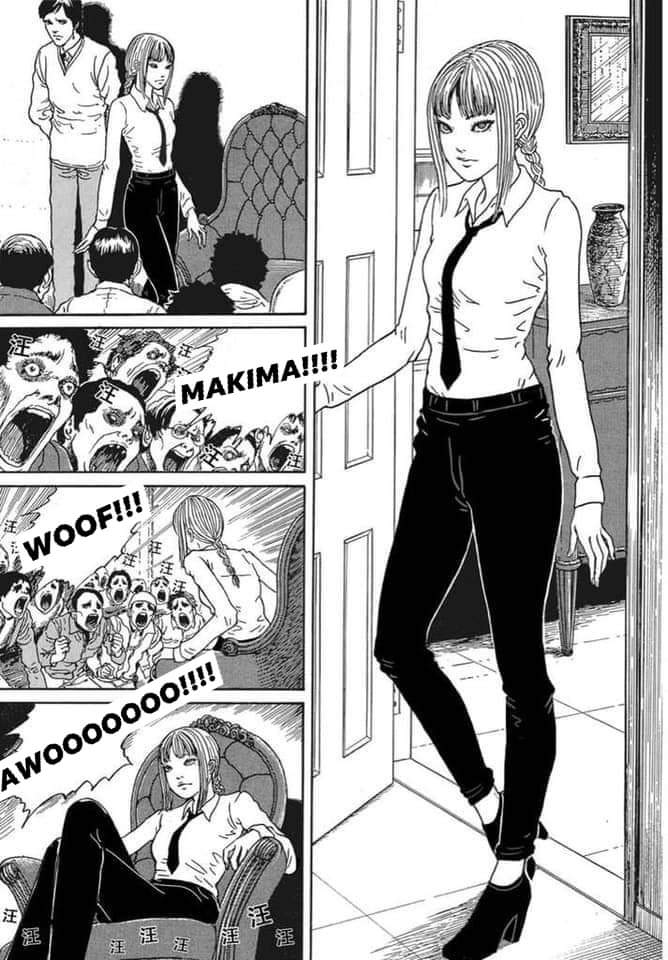1girl 6+boys barking black_footwear black_neckwear black_pants boots braid braided_ponytail breasts business_suit chainsaw_man collared_shirt crossed_legs expressionless fan femdom formal high_heel_boots high_heels itou_junji long_hair makima_(chainsaw_man) medium_breasts monochrome multiple_boys necktie office_lady opening_door panels pants ringed_eyes serious shirt shouting sitting slave suit third-party_edit walk-in white_shirt