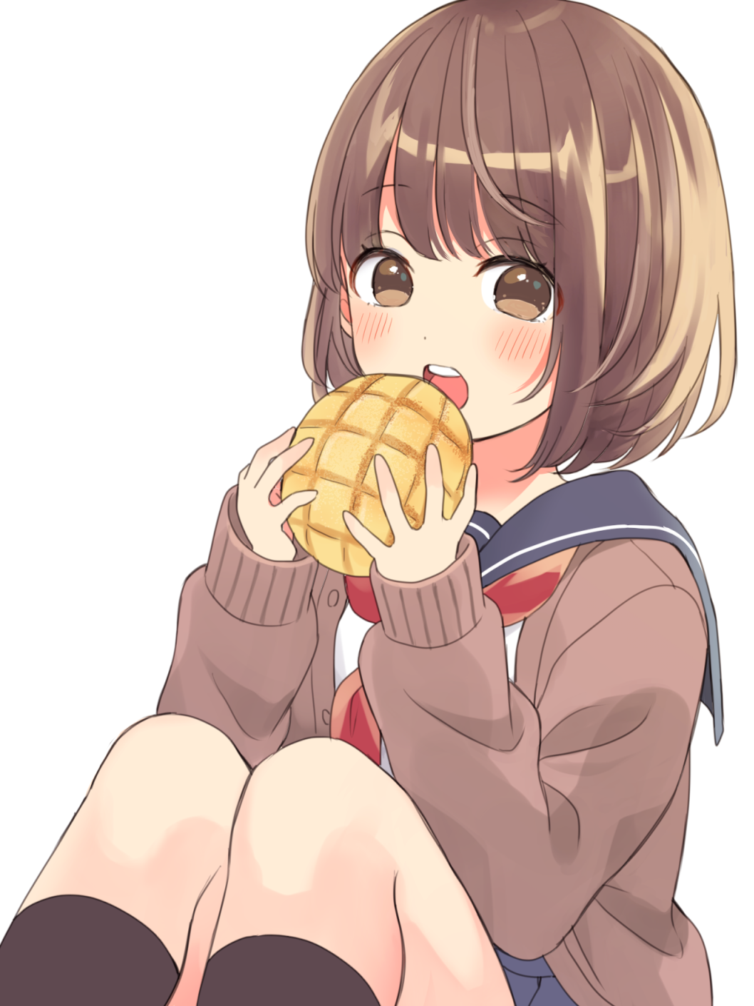 1girl bangs blue_sailor_collar blue_skirt blush bob_cut bread brown_cardigan brown_eyes brown_hair brown_legwear cardigan commentary_request dot_nose eyebrows_visible_through_hair food highres holding holding_food kneehighs knees long_sleeves looking_at_viewer melon_bread neckerchief no_pupils open_mouth original pleated_skirt red_neckwear sailor_collar school_uniform serafuku short_hair simple_background sitting skirt sleeves_past_wrists solo teeth upper_teeth uramakaron white_background