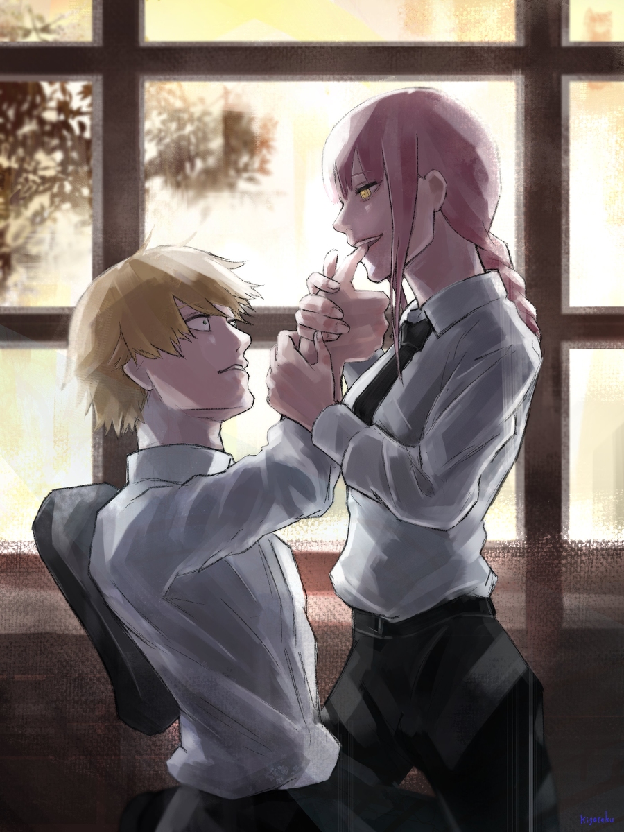 1boy 1girl biting black_neckwear black_pants blonde_hair braid braided_ponytail brown_hair business_suit chainsaw_man collarbone denji_(chainsaw_man) eyebrows_visible_through_hair finger_biting finger_to_mouth flustered formal girl_on_top hetero highres holding_hand light_smile long_hair long_sleeves makima_(chainsaw_man) necktie office_lady pants rakugaki_garaku ringed_eyes shirt shirt_tucked_in short_hair smile suit surprised tree white_shirt wide-eyed window yellow_eyes