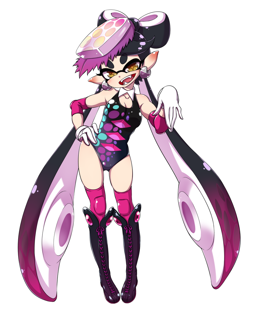 +_+ 1girl adapted_costume aori_(splatoon) black_hair boots detached_collar earrings elbow_pads fangs gloves hanya_(hanya_yashiki) jewelry knee_boots knee_pads leotard long_hair pointy_ears pose solo splatoon_(series) tentacle_hair thigh-highs very_long_hair white_background white_gloves wrestling_outfit yellow_eyes