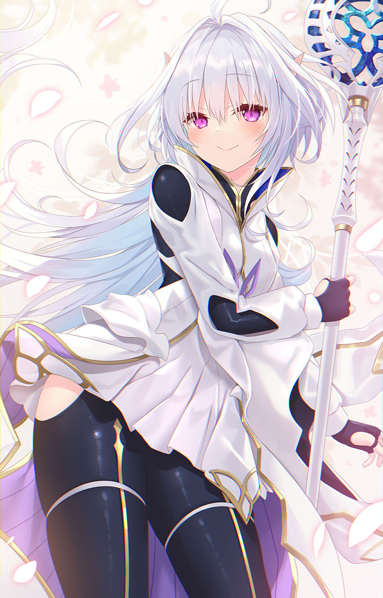 1girl ahoge bangs black_gloves black_pants breasts fate/grand_order fate/prototype fate_(series) fingerless_gloves gloves highres long_hair long_sleeves looking_at_viewer medium_breasts merlin_(fate/prototype) pants smile thighs very_long_hair violet_eyes white_hair white_robe wide_sleeves yano_mitsuki