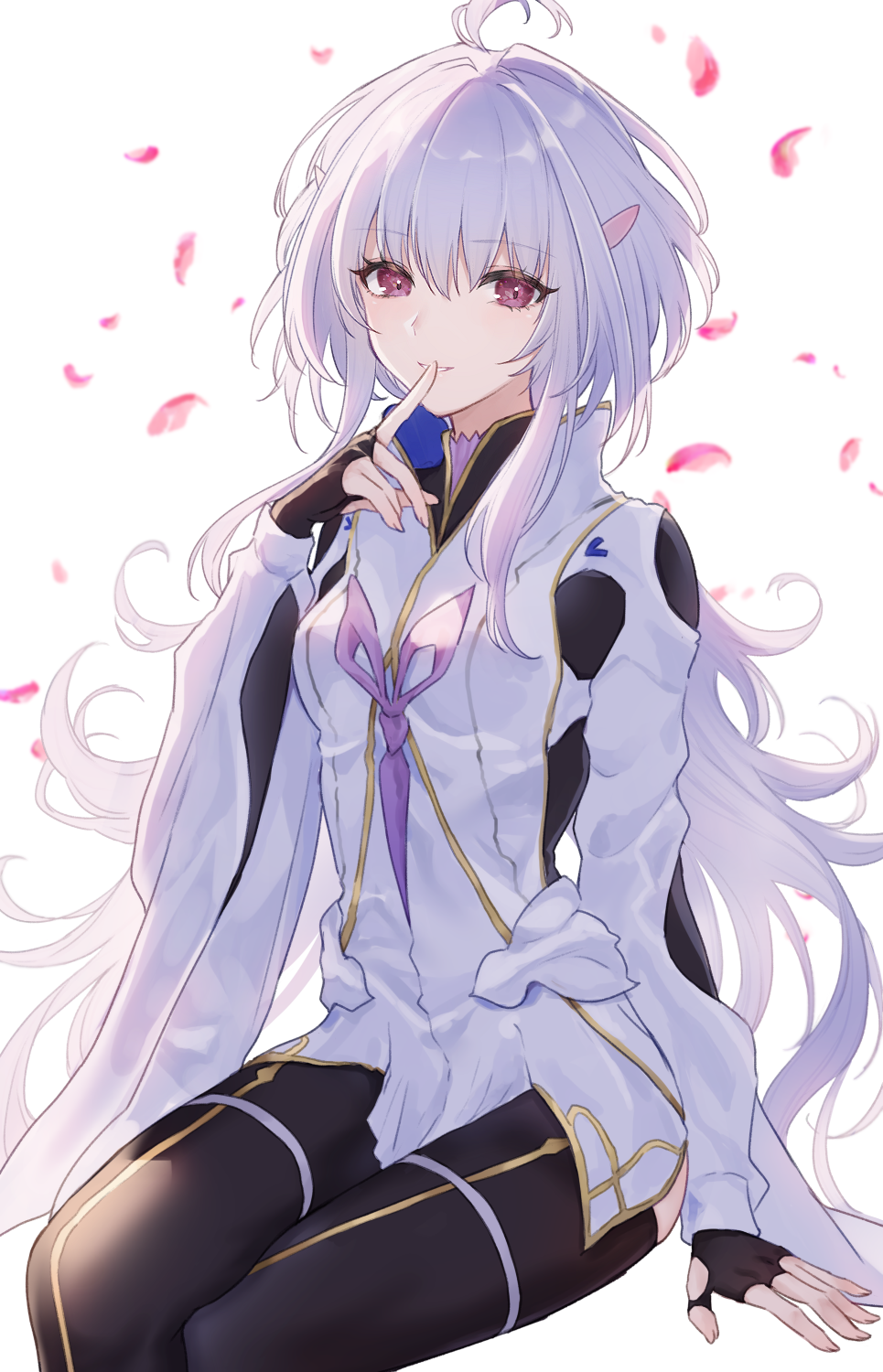 1girl ahoge bangs black_gloves black_pants breasts fate/grand_order fate/prototype fate_(series) fingerless_gloves gloves highres long_hair long_sleeves looking_at_viewer medium_breasts meltymaple merlin_(fate/prototype) pants petals sitting smile thighs very_long_hair violet_eyes white_hair white_robe wide_sleeves