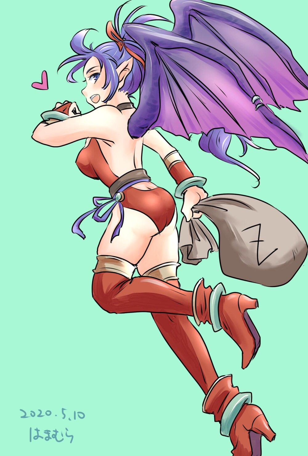 1girl ass blue_hair breasts breath_of_fire breath_of_fire_ii dragon_girl highres long_hair looking_at_viewer monster_girl patty_the_phantom_thief pointy_ears ponytail simple_background solo thigh-highs wings