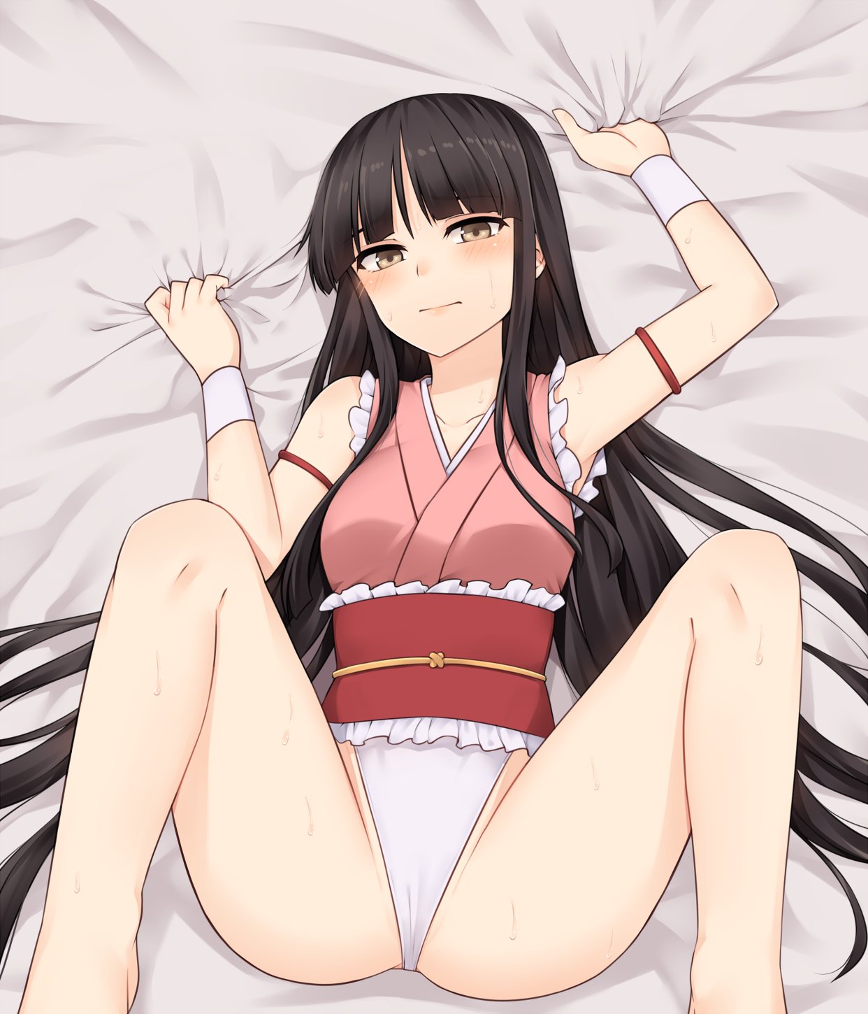 1girl adapted_costume bangs bare_legs bare_shoulders barefoot black_hair blunt_bangs blush commentary_request feet_out_of_frame hair_spread_out highleg highres houraisan_kaguya japanese_clothes long_hair looking_at_viewer lying m_legs miyo_(ranthath) obi on_back sash sheet_grab sleeveless solo touhou very_long_hair yellow_eyes