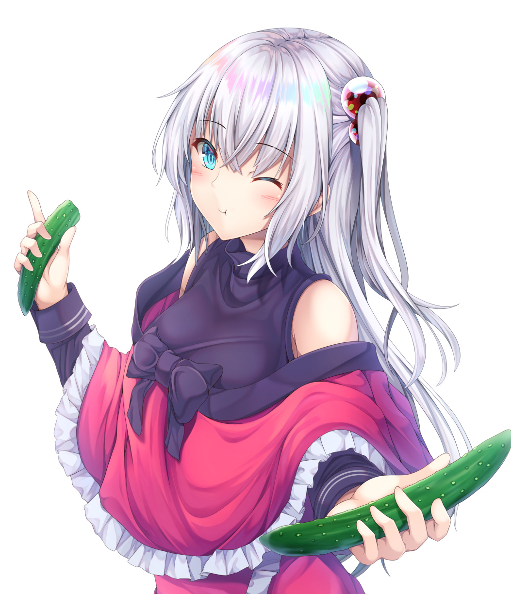 1girl bare_shoulders blue_eyes breasts chewing cucumber dress frills hair_bobbles hair_ornament highres long_hair mystic_square one_eye_closed one_side_up red_dress ribbon shinki shirt_under_dress silver_hair simple_background solo touhou touhou_(pc-98) yanagi_no_ki