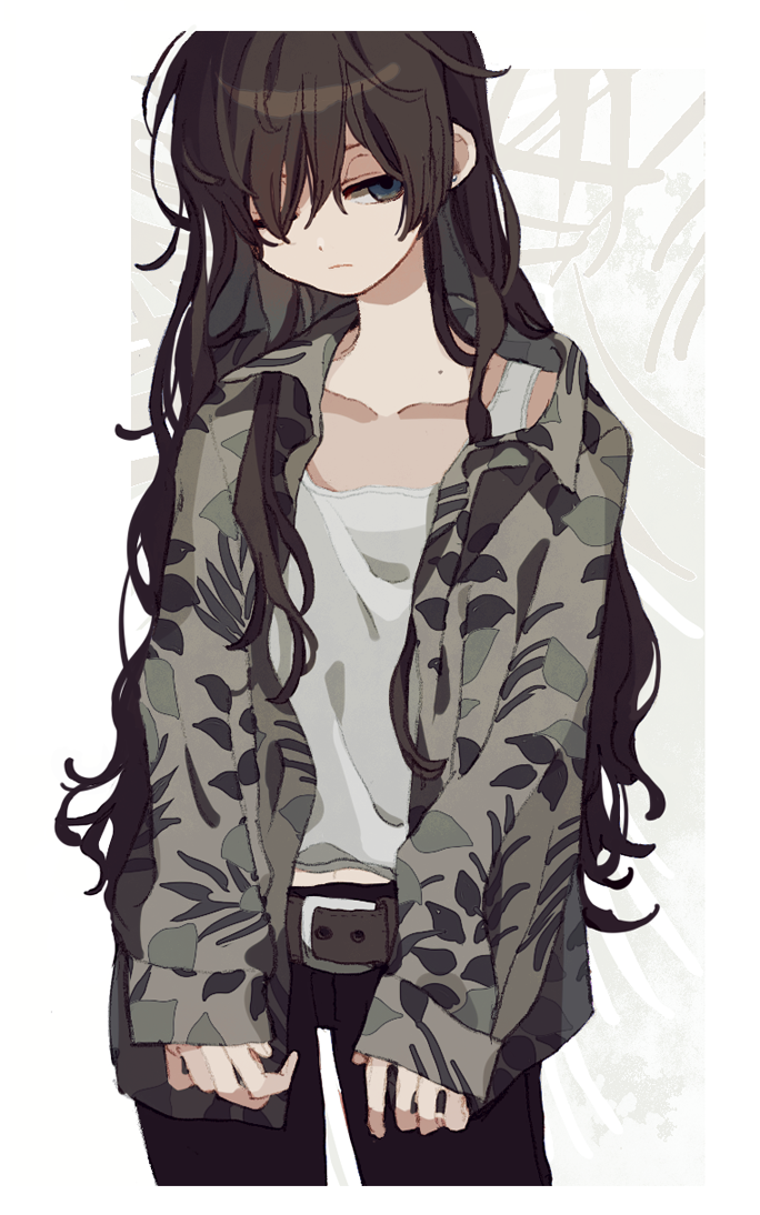 1girl belt black_pants blue_eyes brown_hair closed_mouth cowboy_shot floral_print grey_jacket jacket ka_(marukogedago) long_hair looking_at_viewer mole mole_on_neck one_eye_closed open_clothes open_jacket original pants shirt solo standing white_shirt